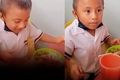 This little boy was not willing to eat the best part of his meal because he was saving it for… “It’s for my…” |